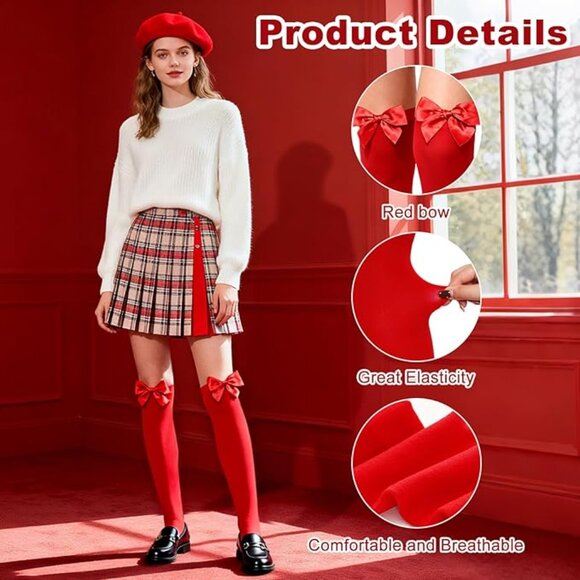 2 Pairs Red Thigh High Stockings - Picture 3 of 4